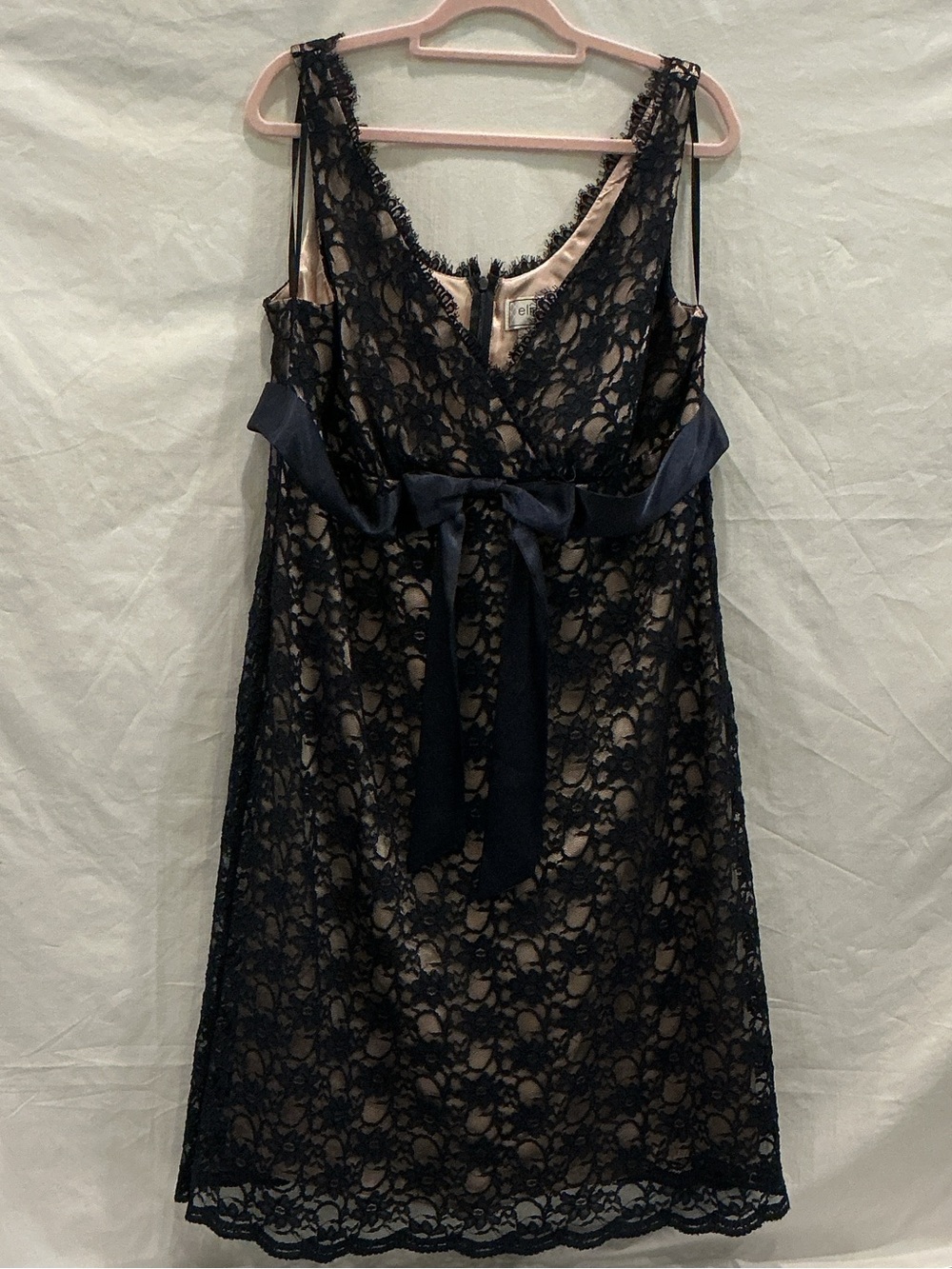 Eliza J Navy Lace Dress with Nude Lining and Satin Waist